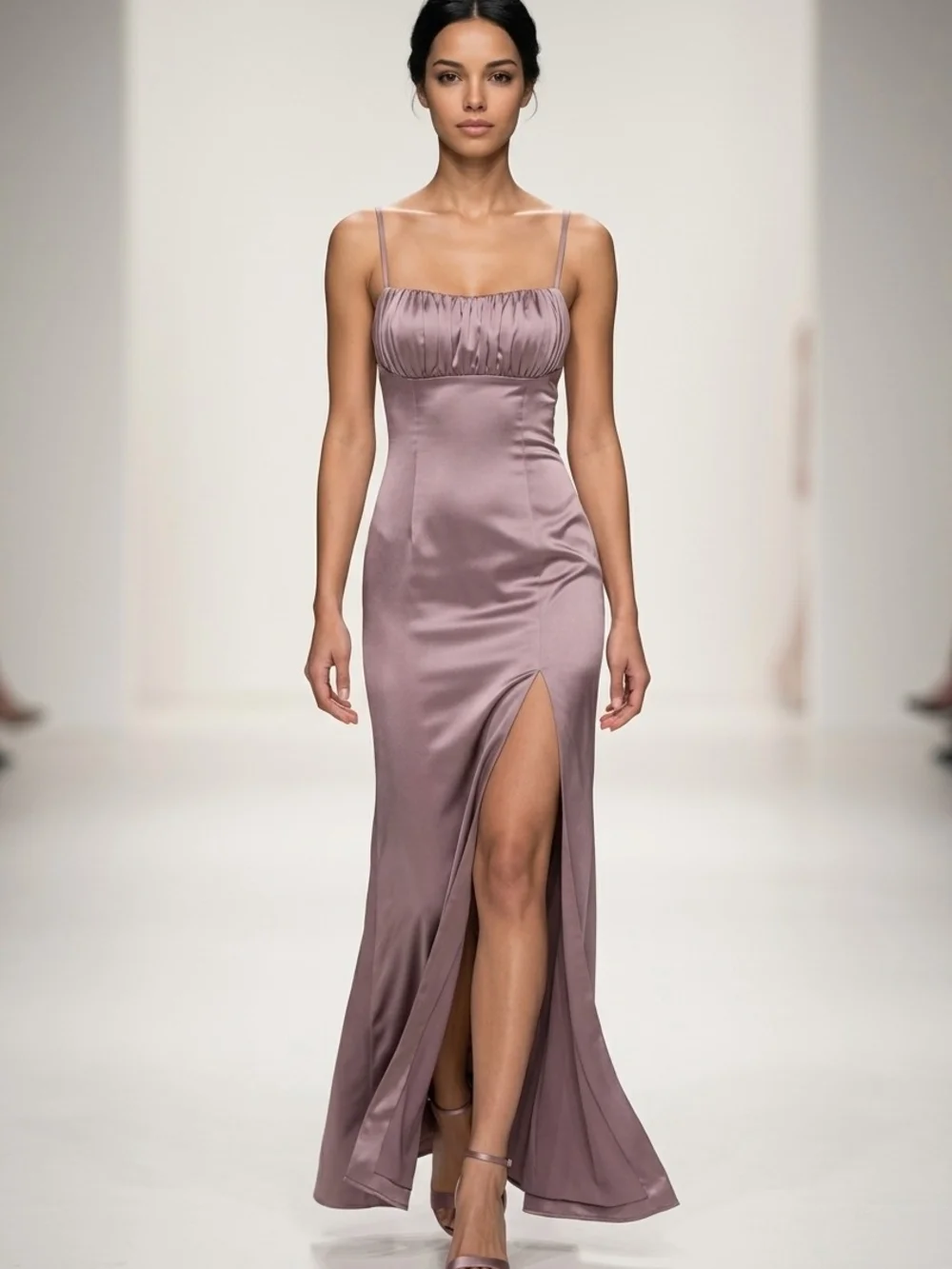 Satin Maxi Slip Dress in Dusty Rose with Front Slit